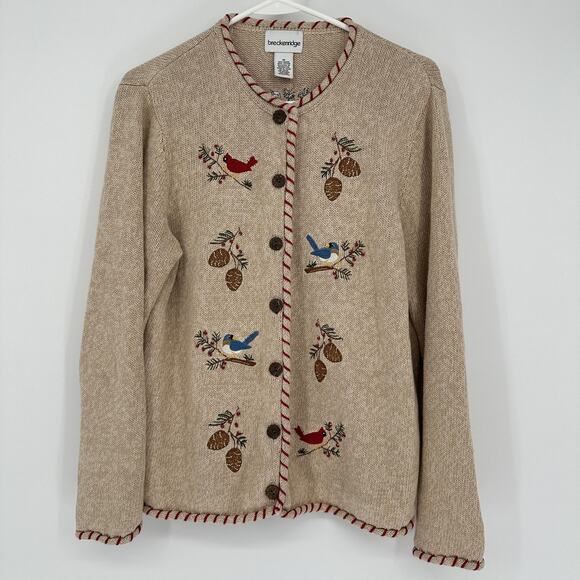 Breckenridge Cardigan Sweater Womens Medium Tan Button Embroidered Birds Beaded - Picture 1 of 11